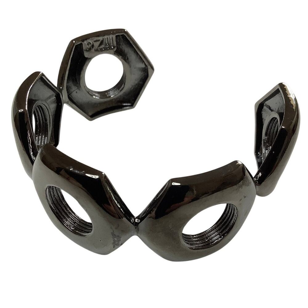 Liza Gunmetal Gray Hex Nut Cuff Bracelet Statement Steampunk Edgy Chic A1-35